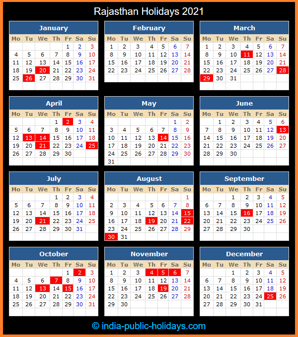 Rajasthan Holiday Calendar 2021